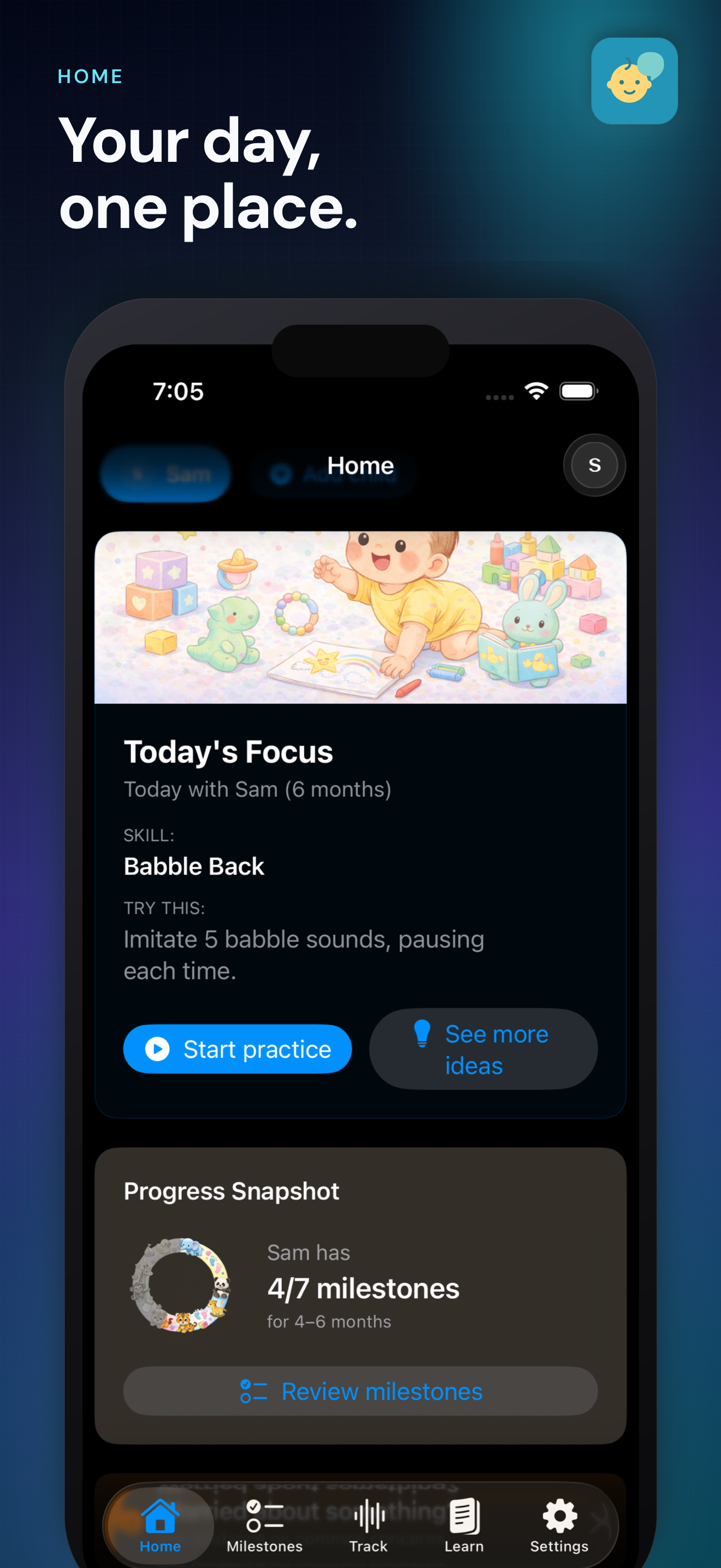 Baby Talk screenshot showing milestone overview