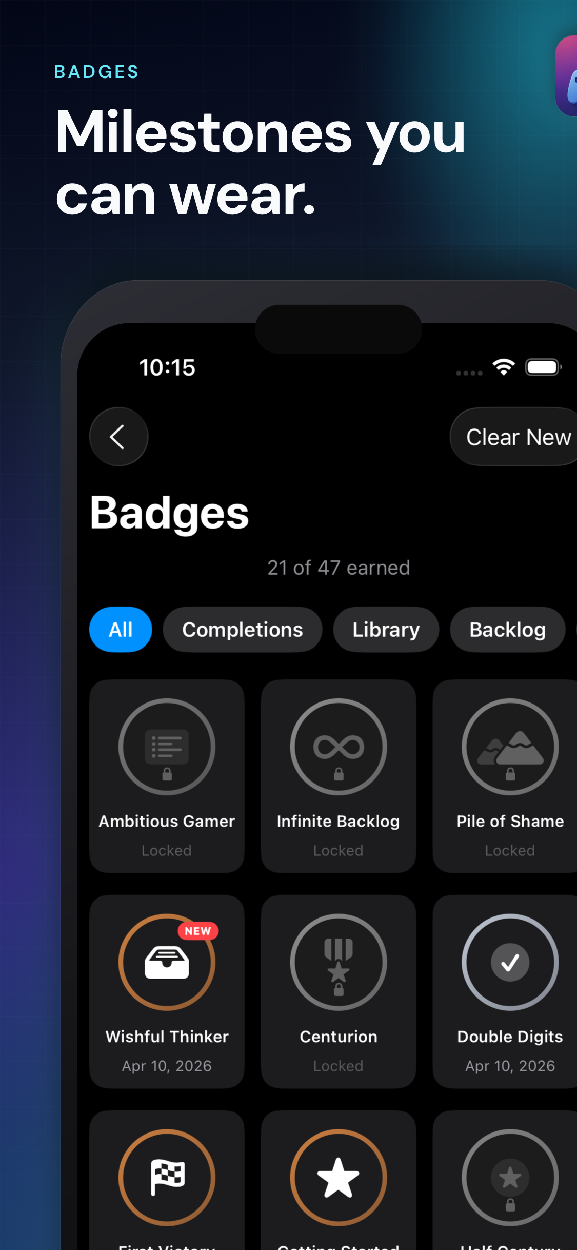 GameTime screenshot showing progress badges