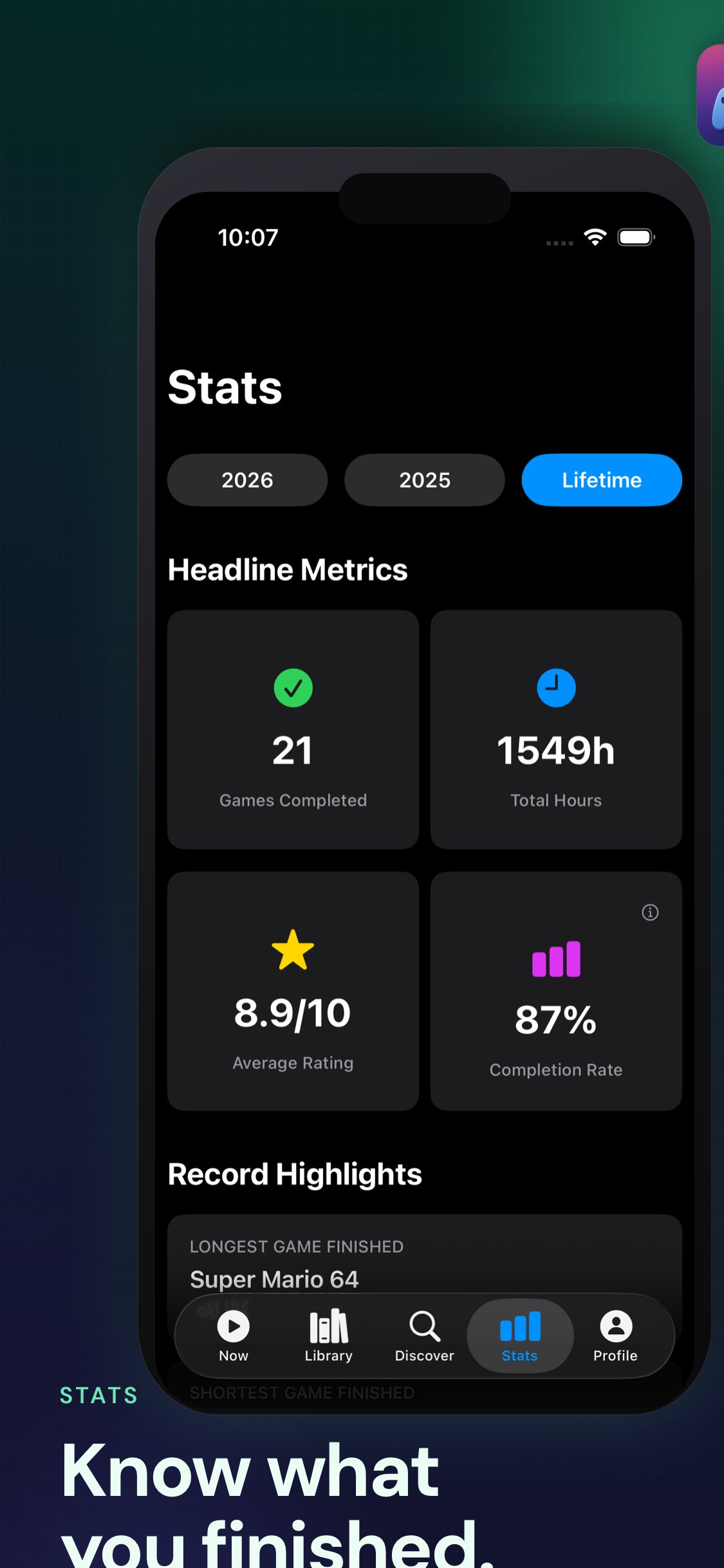 GameTime screenshot showing stats dashboard