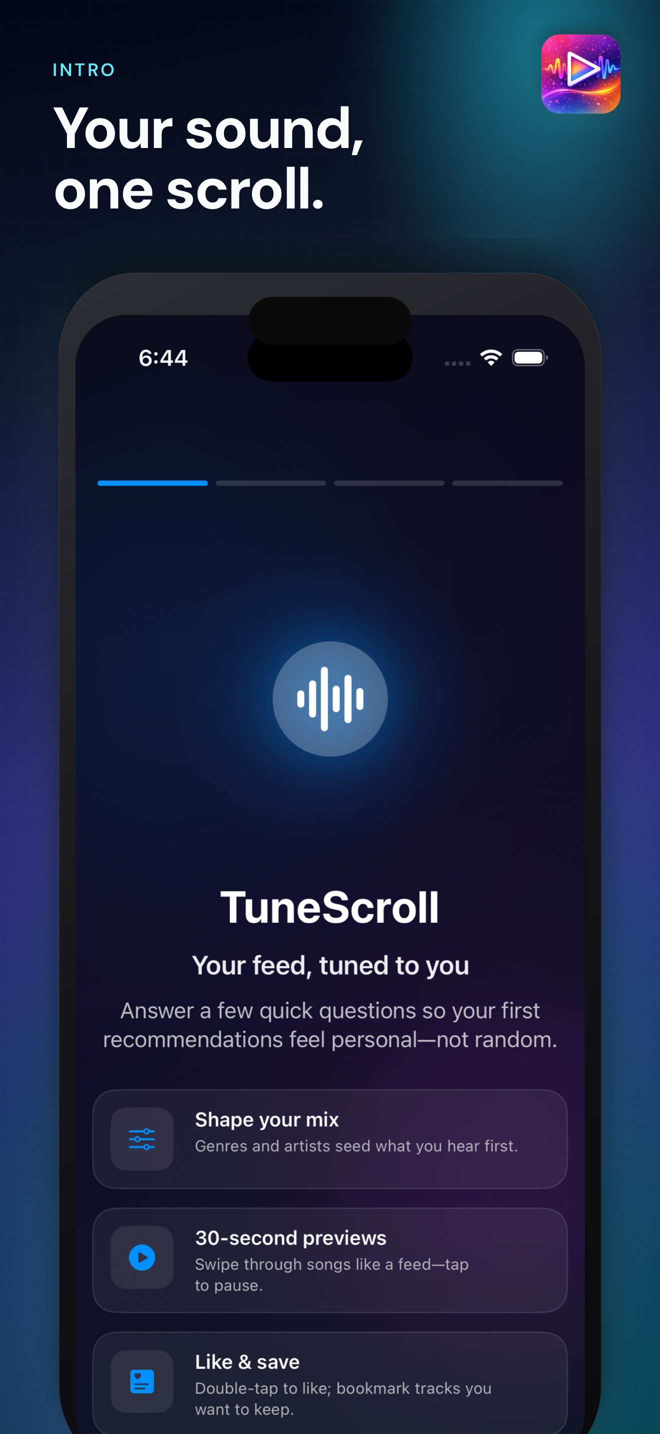 TuneScroll screenshot showing discovery feed